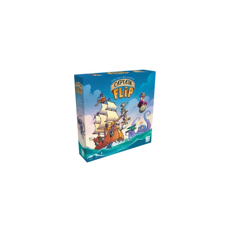 Captain Flip Spielschachtel mit Cartoon-Piraten auf einem Schiff und einem Seeungeheuer im Hintergrund.