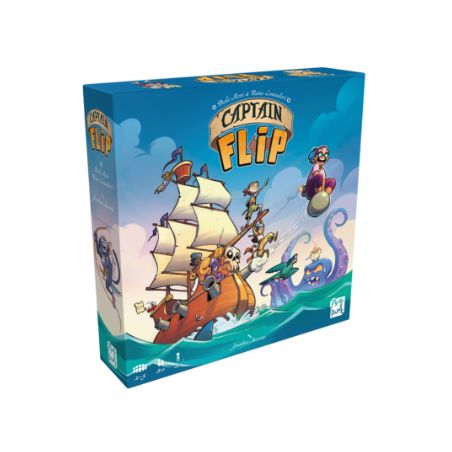 Captain Flip Spielschachtel mit Cartoon-Piraten auf einem Schiff und einem Seeungeheuer im Hintergrund.
