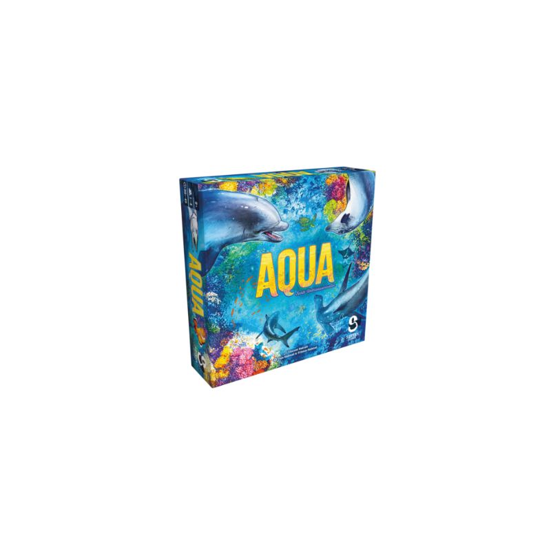 Aqua Brettspielbox mit Delfinen und bunter Ozeanszene auf dem Cover.
