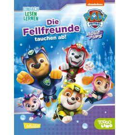 Fünf Paw Patrol Welpen tauchen mit Unterwasser-Ausrüstung und Blasen, darüber steht ein deutscher Titel.