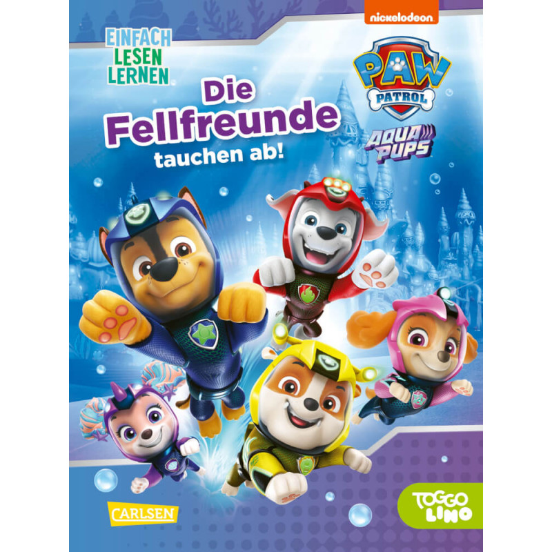 Fünf Paw Patrol Welpen tauchen mit Unterwasser-Ausrüstung und Blasen, darüber steht ein deutscher Titel. Fünf Paw Patrol Welpen tauchen mit Unterwasser-Ausrüstung und Blasen, darüber steht ein deutscher Titel.