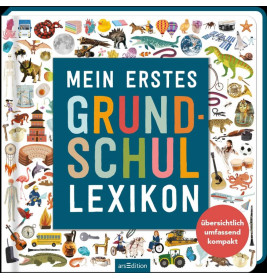 Buntes Buchcover mit verschiedenen Tieren und Gegenständen, Titel: Mein Erstes Grundschullexikon in fetter Schrift.