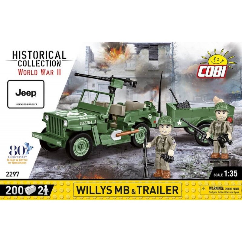 Verpackung des COBI Willys MB & Trailer WWII Sets mit zwei Spielzeugsoldaten und grünem Jeep vor Ruinen.