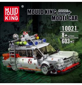 Mould King Modellauto-Set, 603+ Teile, ab 8 Jahren, weißes Fahrzeug im Ghostbusters-Stil auf der Verpackung.