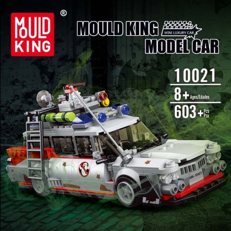 Mould King Modellauto-Set, 603+ Teile, ab 8 Jahren, weißes Fahrzeug im Ghostbusters-Stil auf der Verpackung.