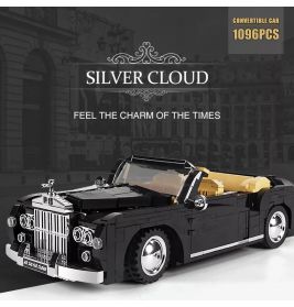 Schwarzes und beiges LEGO-Cabrio Silver Cloud mit 1096 Teilen vor einer Stadtkulisse ausgestellt.