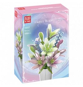 Spielzeug-Bausatz mit pastellfarbenen Blumen in einer Vase, beschriftet als Flower World von Mould King.