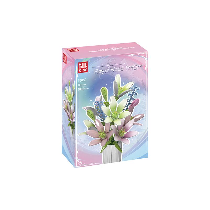 Spielzeug-Bausatz mit pastellfarbenen Blumen in einer Vase, beschriftet als Flower World von Mould King. Spielzeug-Bausatz mit pastellfarbenen Blumen in einer Vase, beschriftet als Flower World von Mould King.