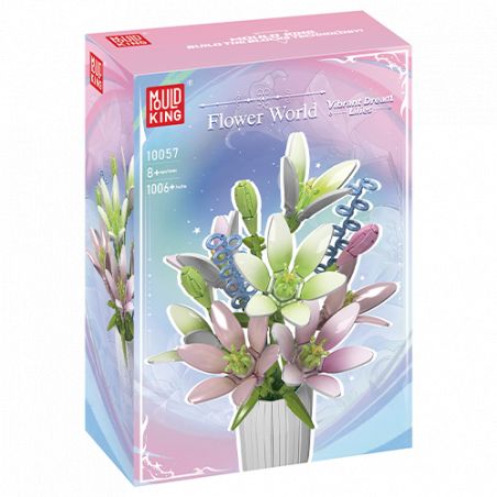 Spielzeug-Bausatz mit pastellfarbenen Blumen in einer Vase, beschriftet als Flower World von Mould King.