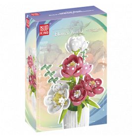 Baustein-Set Flower World mit rosa und weißen Blumen in einer Vase auf der Verpackung.