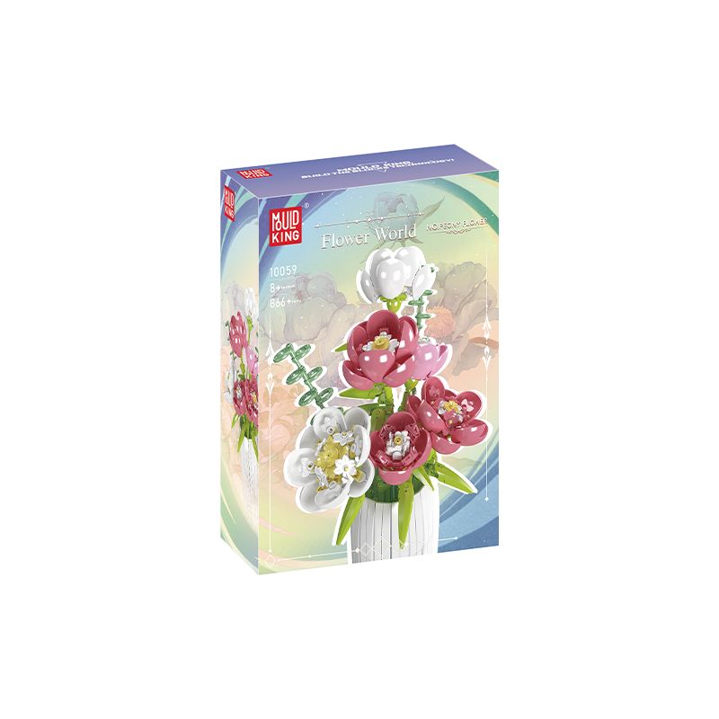 Baustein-Set Flower World mit rosa und weißen Blumen in einer Vase auf der Verpackung. Baustein-Set Flower World mit rosa und weißen Blumen in einer Vase auf der Verpackung.