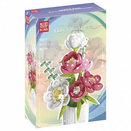 Baustein-Set Flower World mit rosa und weißen Blumen in einer Vase auf der Verpackung.