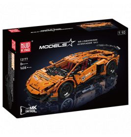 Schwarze Box für ein oranges Sportwagen-Bauset von Mould King, Modell Lamborghini Aventador.