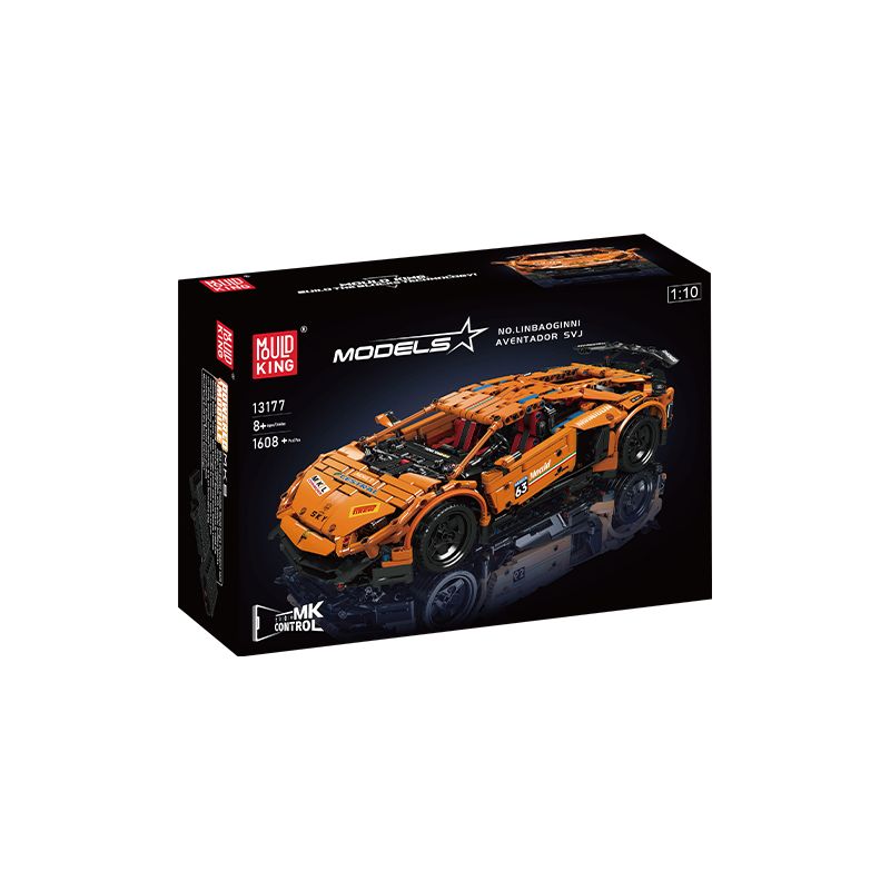 Schwarze Box für ein oranges Sportwagen-Bauset von Mould King, Modell Lamborghini Aventador.