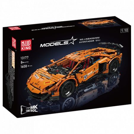 Schwarze Box für ein oranges Sportwagen-Bauset von Mould King, Modell Lamborghini Aventador.