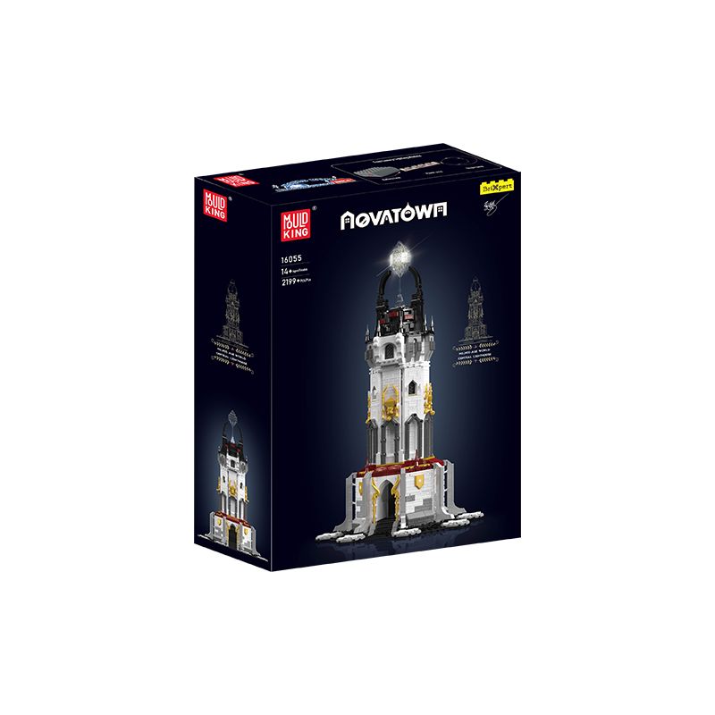 Schachtel eines KUJOKING Novatown Sets mit hohem weiß-grauen Turm und goldenen Akzenten. Schachtel eines KUJOKING Novatown Sets mit hohem weiß-grauen Turm und goldenen Akzenten.