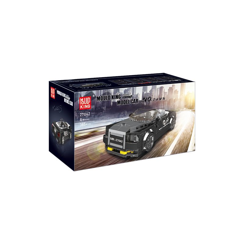 Schwarzes Sportwagen-Bausteinset von Mould King, Verpackung mit Stadtansicht im Hintergrund. Schwarzes Sportwagen-Bausteinset von Mould King, Verpackung mit Stadtansicht im Hintergrund.