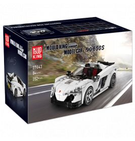 Verpackung des Mould King Modells 27043 mit weißem Sportwagen auf Straße und Bergen im Hintergrund.