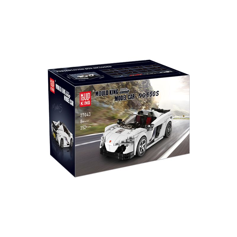 Verpackung des Mould King Modells 27043 mit weißem Sportwagen auf Straße und Bergen im Hintergrund.