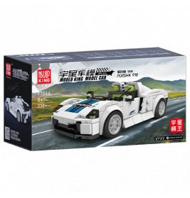 Box eines weißen Sportwagen-Bausatzes von Mould King vor landschaftlichem Hintergrund.