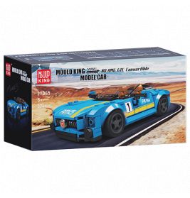 Blaue Sportwagen-Baukästen-Box von Mould King vor Wüstenstraßen-Hintergrund.