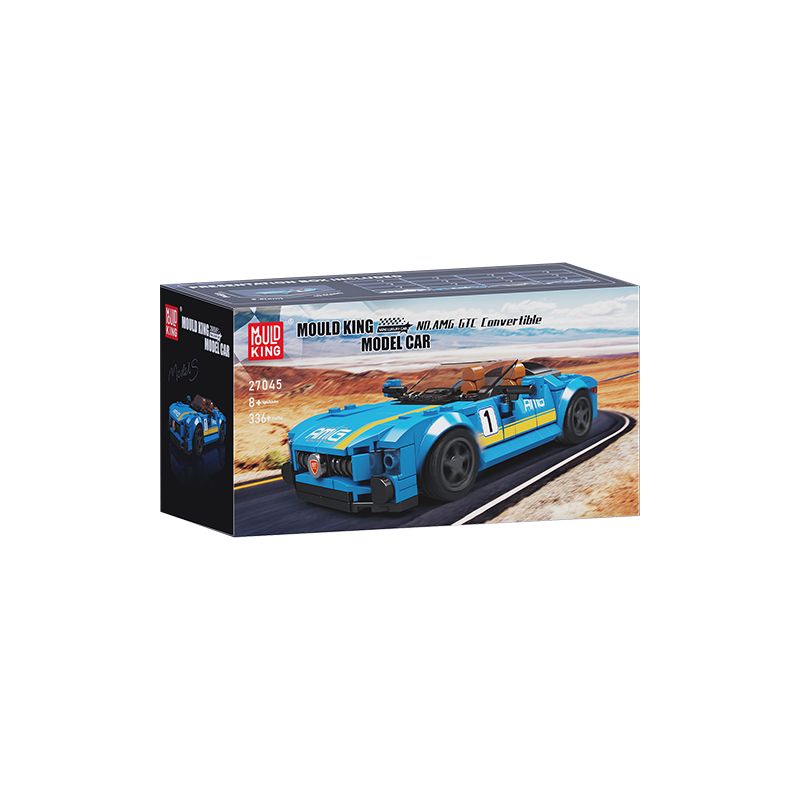 Blaue Sportwagen-Baukästen-Box von Mould King vor Wüstenstraßen-Hintergrund.