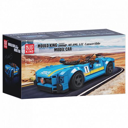 Blaue Sportwagen-Baukästen-Box von Mould King vor Wüstenstraßen-Hintergrund.