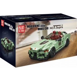 Box des grünen Mould King Modellauto-Bausatzes mit sportlichem Auto und Rennaufklebern.