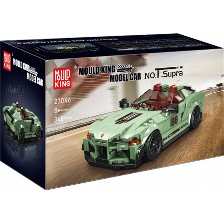 Box des grünen Mould King Modellauto-Bausatzes mit sportlichem Auto und Rennaufklebern.