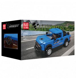 Box der Mould King Bausatzreihe mit blauem Pickup-Truck und Abbildung des fertigen Modells auf einer Straße.