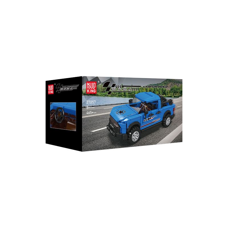 Box der Mould King Bausatzreihe mit blauem Pickup-Truck und Abbildung des fertigen Modells auf einer Straße. Box der Mould King Bausatzreihe mit blauem Pickup-Truck und Abbildung des fertigen Modells auf einer Straße.