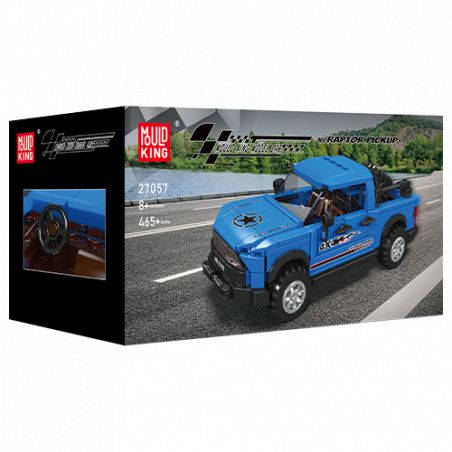 Box der Mould King Bausatzreihe mit blauem Pickup-Truck und Abbildung des fertigen Modells auf einer Straße.