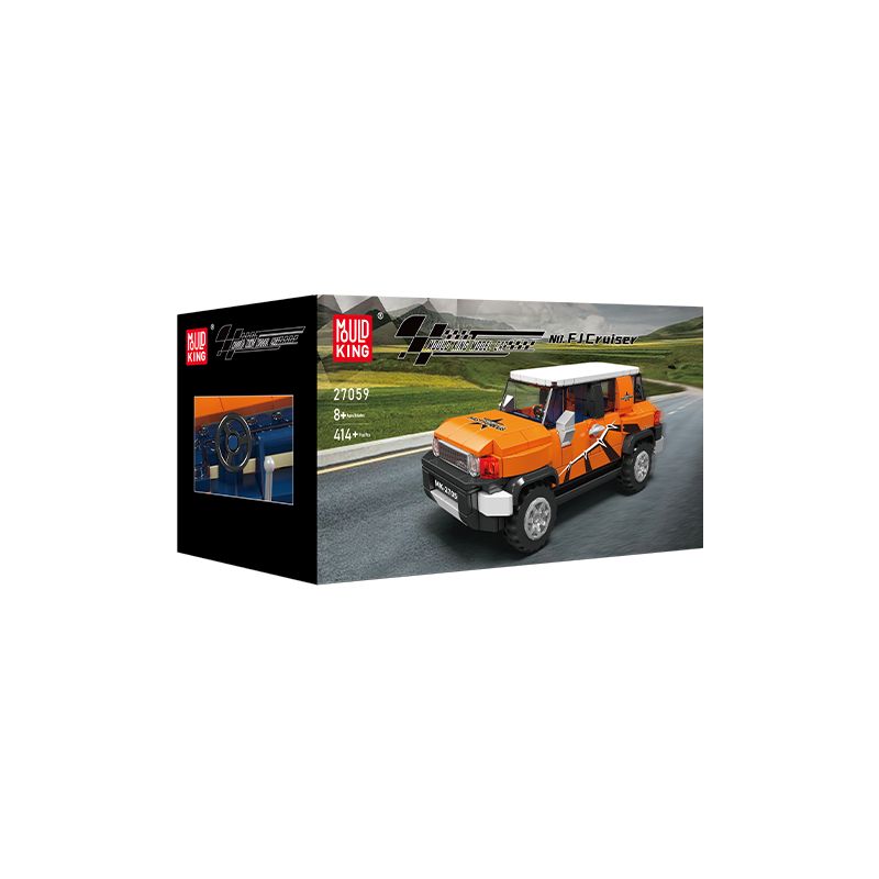 Mould King Bauset mit orangem Offroad-SUV auf Straße vor grünen Hügeln.