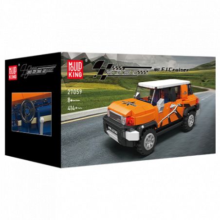 Mould King Bauset mit orangem Offroad-SUV auf Straße vor grünen Hügeln.