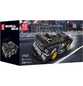 Mould King Modellauto-Set: Schwarzer 1965 Mustang mit Rennaufklebern, 408 Teile, ab 8 Jahren.