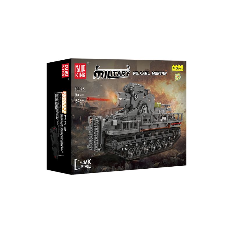 Box des Military No. Karl Mortar Bausatzes mit grauem Panzermodell auf der Vorderseite. Box des Military No. Karl Mortar Bausatzes mit grauem Panzermodell auf der Vorderseite.