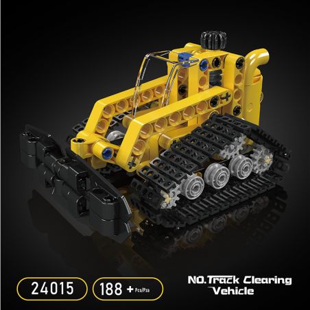 Gelber und schwarzer Spielzeug-Bulldozer mit Ketten und Frontschild, aus 188 Bauteilen, vor schwarzem Hintergrund.