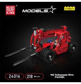 Roter und schwarzer Spielzeug-Gabelstapler mit Teleskoparm, Modell 24016, vor schwarzem Hintergrund.