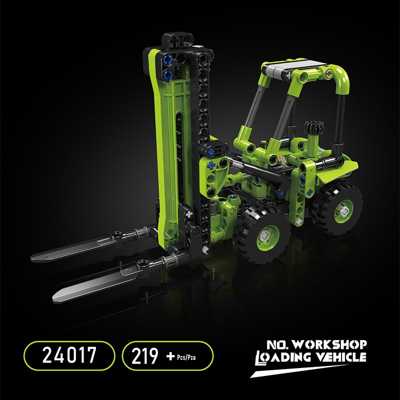 Grünes und schwarzes Gabelstapler-Modell aus 219 Teilen, Set 24017 Werkstattladefahrzeug.
