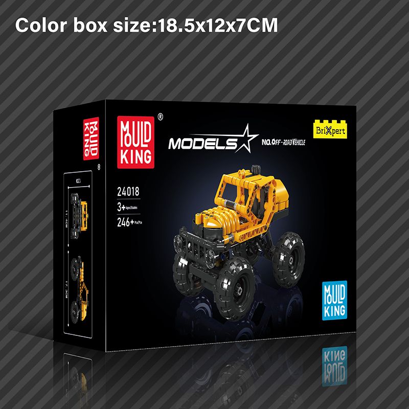 Gelbe Offroad-Spielzeugauto-Baubox von Mould King mit 246 Teilen, geeignet für Kinder ab 3 Jahren.