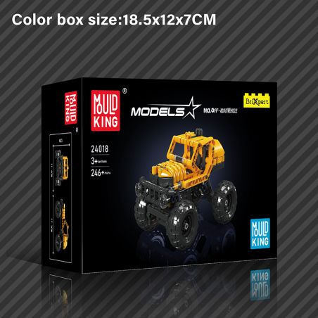 Gelbe Offroad-Spielzeugauto-Baubox von Mould King mit 246 Teilen, geeignet für Kinder ab 3 Jahren.