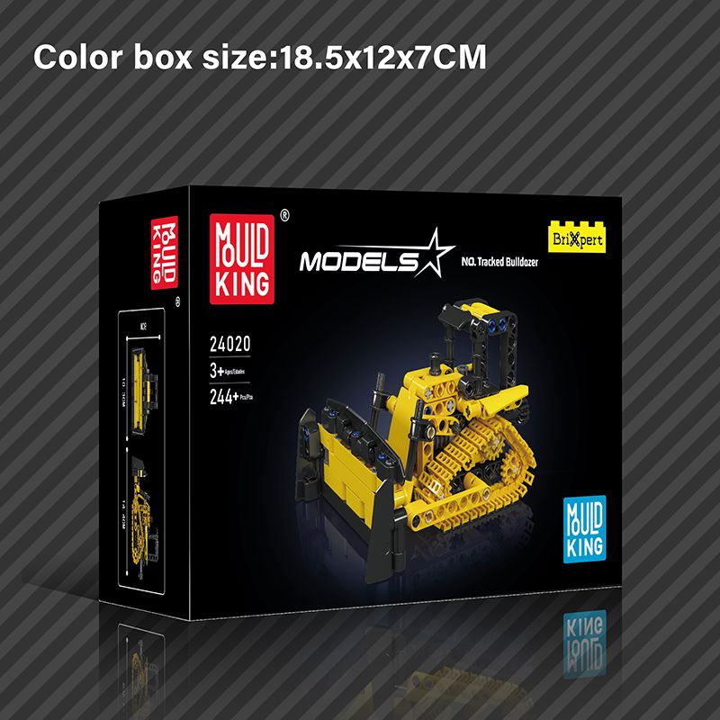 Schwarze Box mit Bild eines gelben Kettenbulldozers, Aufschrift Mould King und Angaben zur Kartongröße.