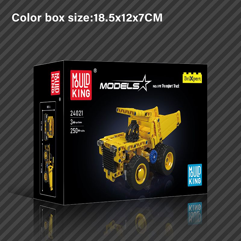 Mould King gelber Spielzeug-Kipper im Karton, Abmessungen 18,5x12x7 cm, abgebildet.