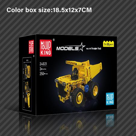 Mould King gelber Spielzeug-Kipper im Karton, Abmessungen 18,5x12x7 cm, abgebildet.