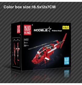 Schwarze Verpackung des roten und weißen Mould King Hubschrauber-Bausatzes mit Maßangaben.