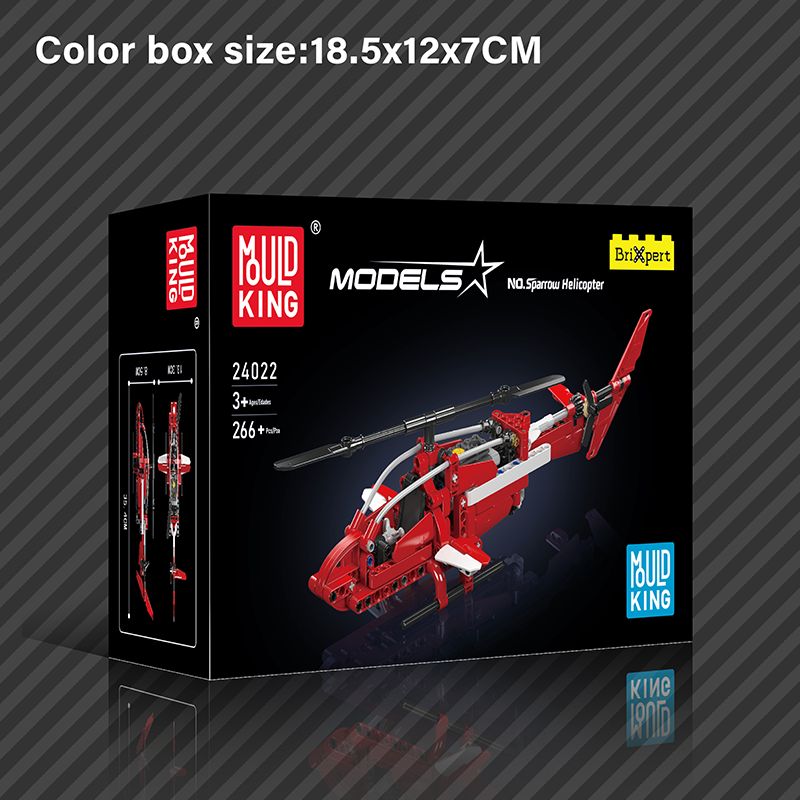 Schwarze Verpackung des roten und weißen Mould King Hubschrauber-Bausatzes mit Maßangaben.