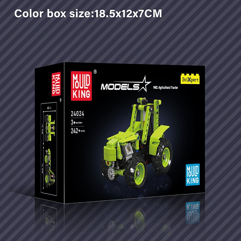 MOULD KING Box mit grünem Traktor-Bauset, 242 Teile, geeignet für Kinder ab 8 Jahren.