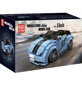 Blue Mould King Modellauto-Bausatz mit sportlichem V.Beetle, Rennstreifen und Aufklebern auf der Verpackung.