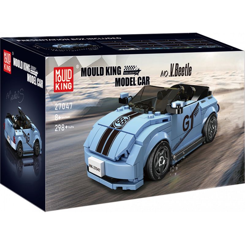 Blue Mould King Modellauto-Bausatz mit sportlichem V.Beetle, Rennstreifen und Aufklebern auf der Verpackung.