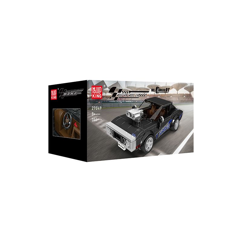 Schwarzer Sportwagen-Bausatz von Mould King in Box, vor Autobahn-Hintergrund. Schwarzer Sportwagen-Bausatz von Mould King in Box, vor Autobahn-Hintergrund.